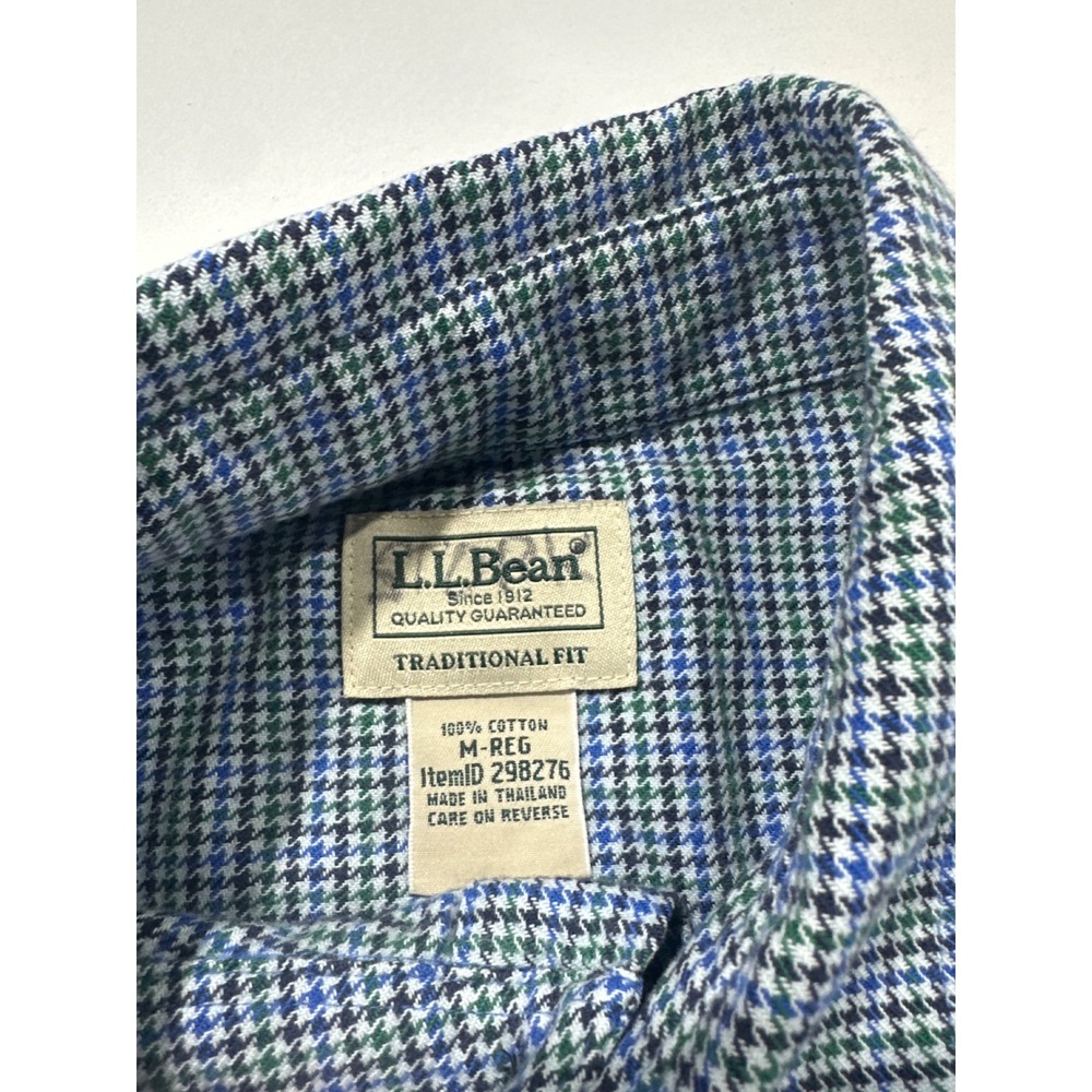 LL Bean Mens Traditional Fit Houndstooth Cotton Button Down Shirt Blue Green M - Picture 2 of 9